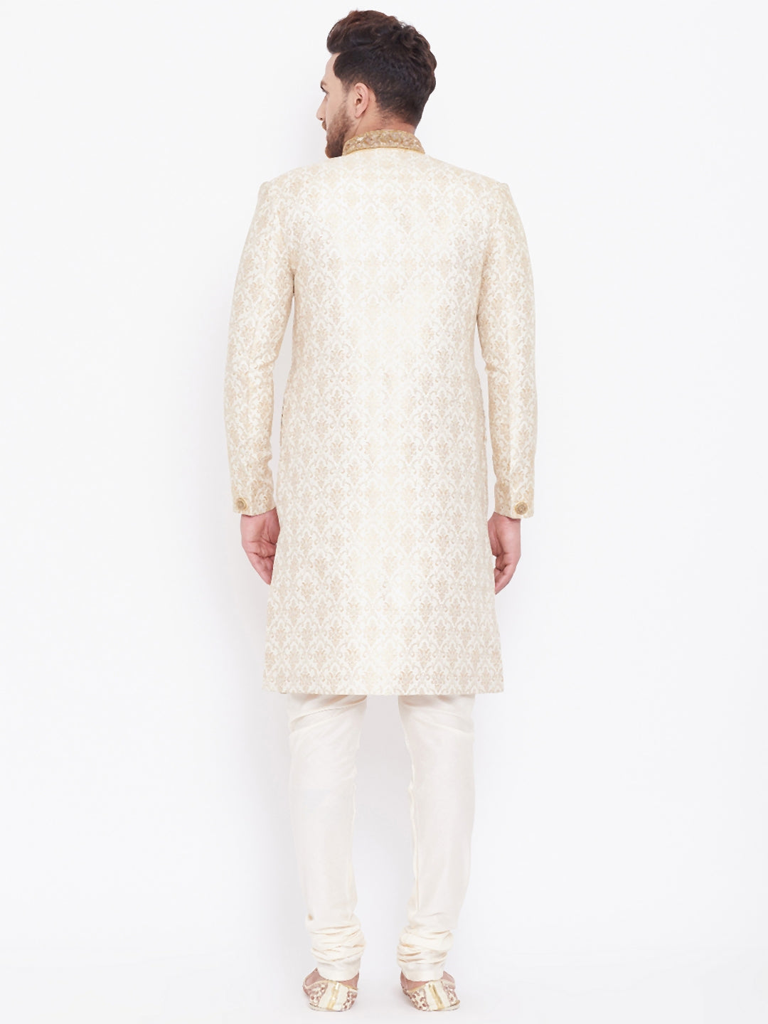 Vastramay Men's Beige And Gold Silk Blend Sherwani Set - Distacart