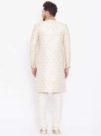 Thumbnail for Vastramay Men's Beige And Gold Silk Blend Sherwani Set - Distacart