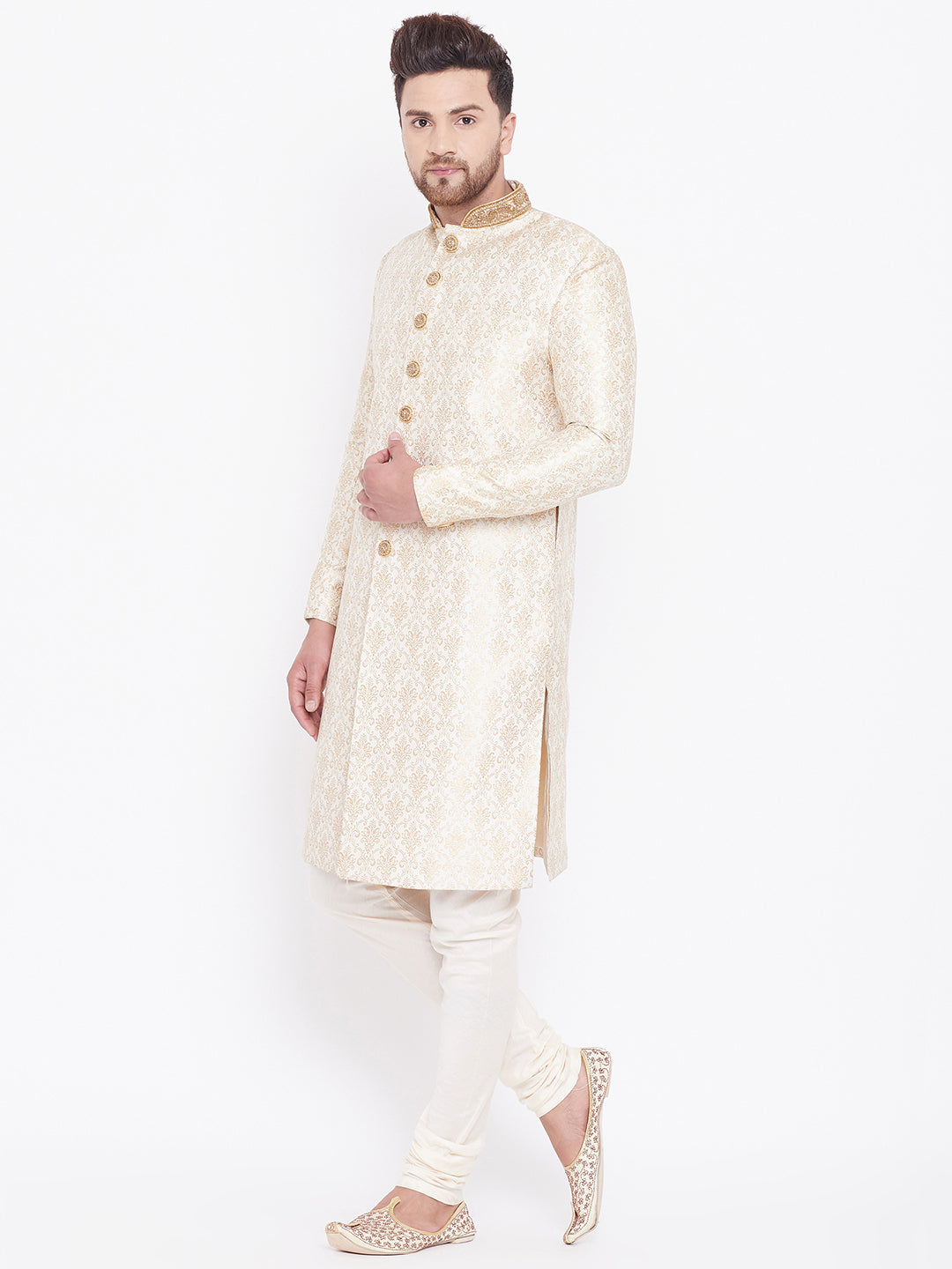Vastramay Men's Beige And Gold Silk Blend Sherwani Set - Distacart