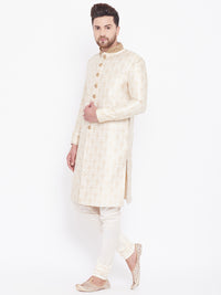 Thumbnail for Vastramay Men's Beige And Gold Silk Blend Sherwani Set - Distacart