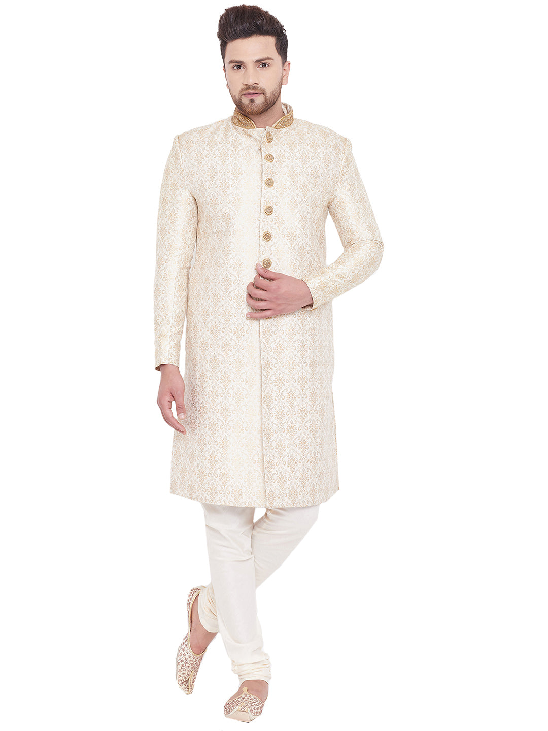Vastramay Men's Beige And Gold Silk Blend Sherwani Set - Distacart