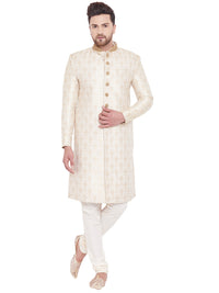 Thumbnail for Vastramay Men's Beige And Gold Silk Blend Sherwani Set - Distacart