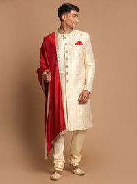 Thumbnail for Vastramay Men's Beige And Gold Silk Blend Sherwani Set - Distacart