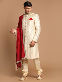 Thumbnail for Vastramay Men's Beige And Gold Silk Blend Sherwani Set - Distacart