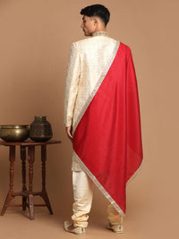Thumbnail for Vastramay Men's Beige And Gold Silk Blend Sherwani Set - Distacart