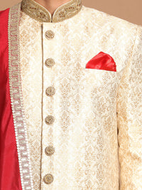 Thumbnail for Vastramay Men's Beige And Gold Silk Blend Sherwani Set - Distacart