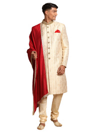 Thumbnail for Vastramay Men's Beige And Gold Silk Blend Sherwani Set - Distacart