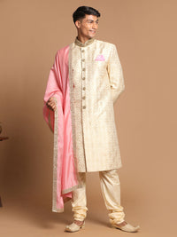 Thumbnail for Vastramay Men's Beige And Gold Silk Blend Sherwani Set - Distacart
