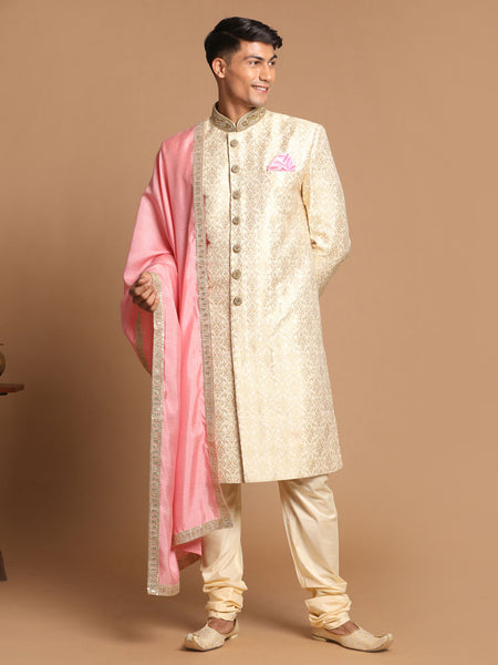 Vastramay Men's Beige And Gold Silk Blend Sherwani Set - Distacart