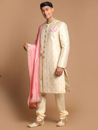 Thumbnail for Vastramay Men's Beige And Gold Silk Blend Sherwani Set - Distacart