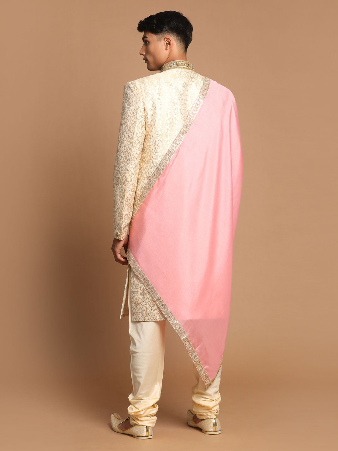 Vastramay Men's Beige And Gold Silk Blend Sherwani Set - Distacart