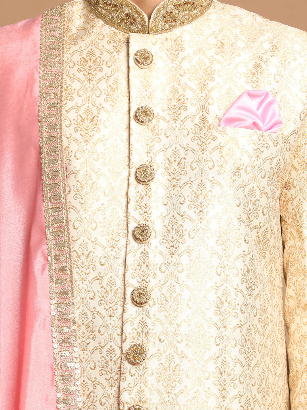 Vastramay Men's Beige And Gold Silk Blend Sherwani Set - Distacart