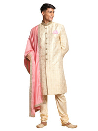 Thumbnail for Vastramay Men's Beige And Gold Silk Blend Sherwani Set - Distacart
