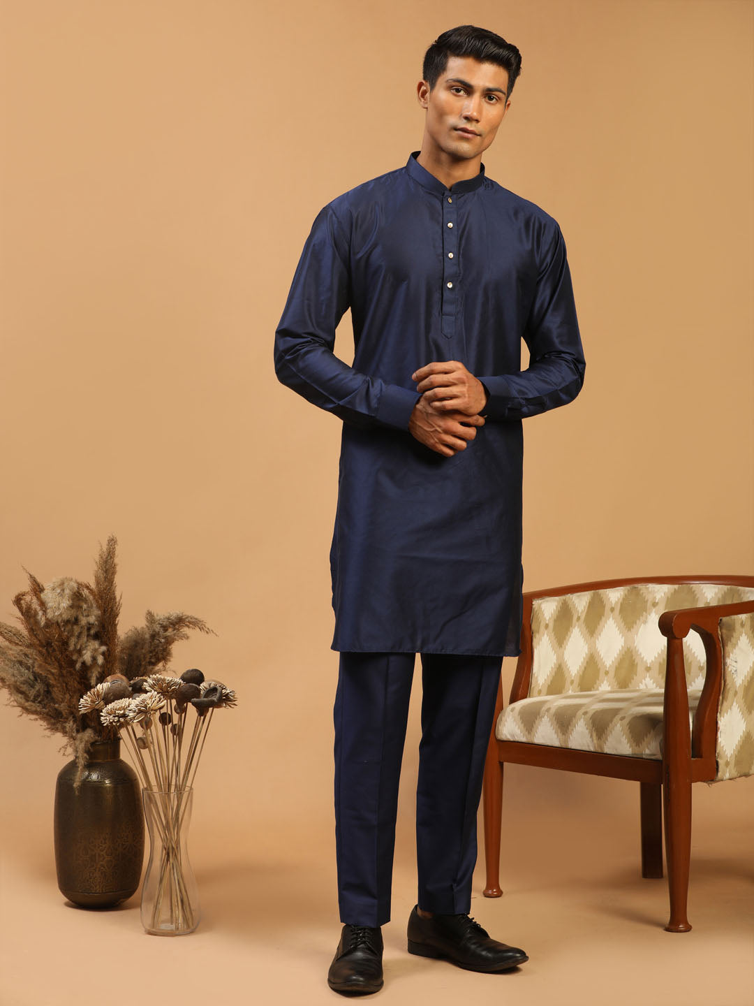 Vastramay Men's Navy Blue Viscose Kurta Pyjama Set - Distacart