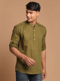 Thumbnail for Vastramay Men's Dark Green Cotton Blend Short Kurta - Distacart