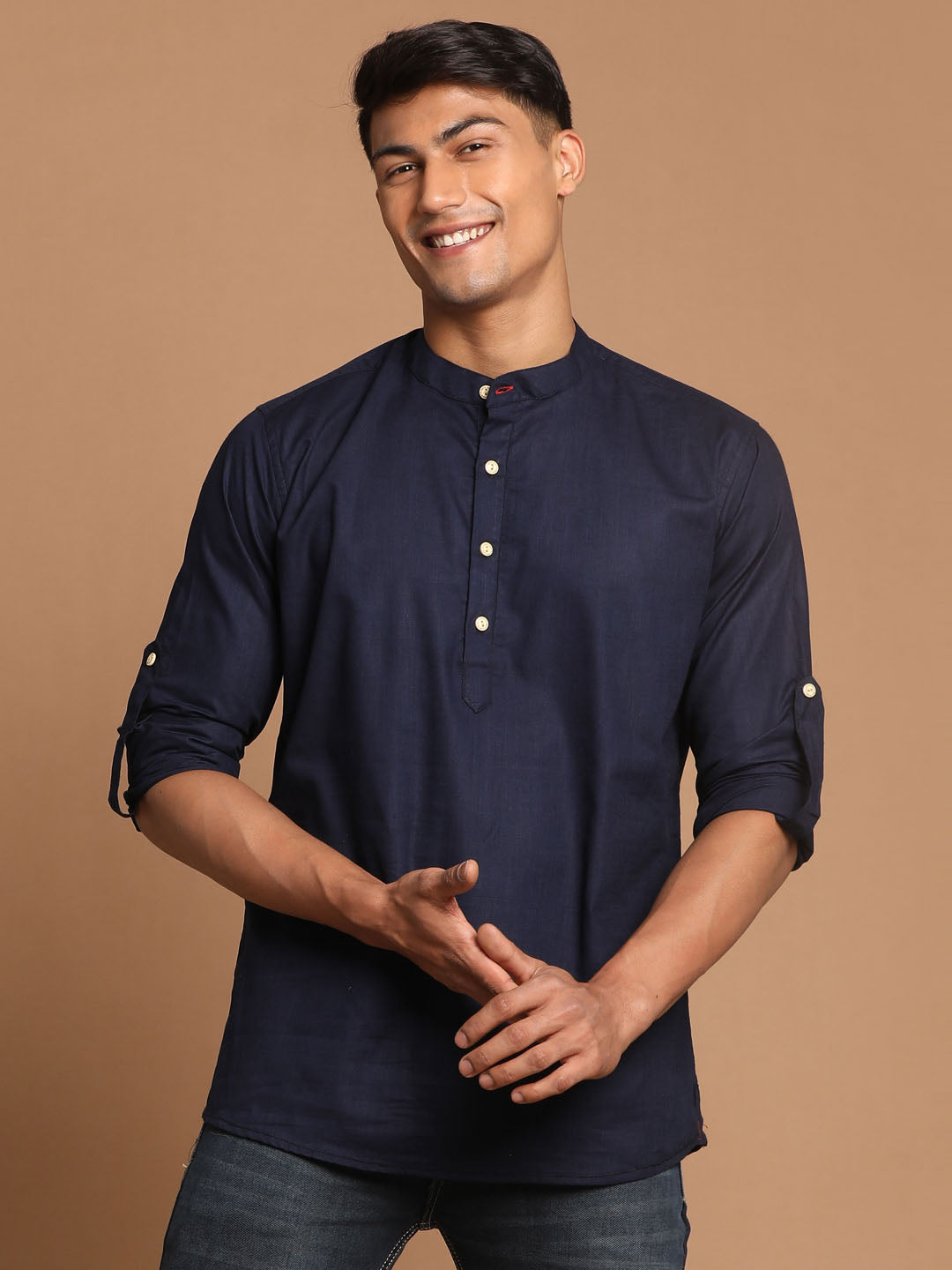 Vastramay Men's Navy Blue Cotton Blend Short Kurta - Distacart