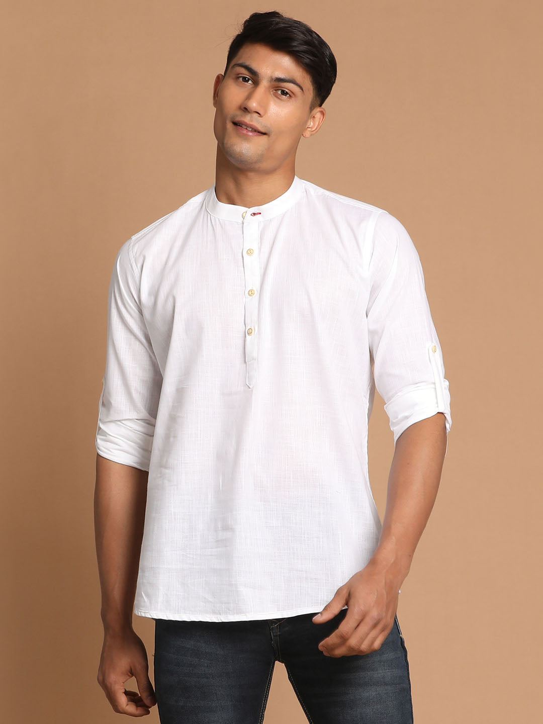 Vastramay Men's White Cotton Blend Short Kurta - Distacart