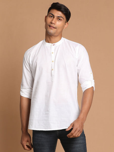 Vastramay Men's White Cotton Blend Short Kurta - Distacart