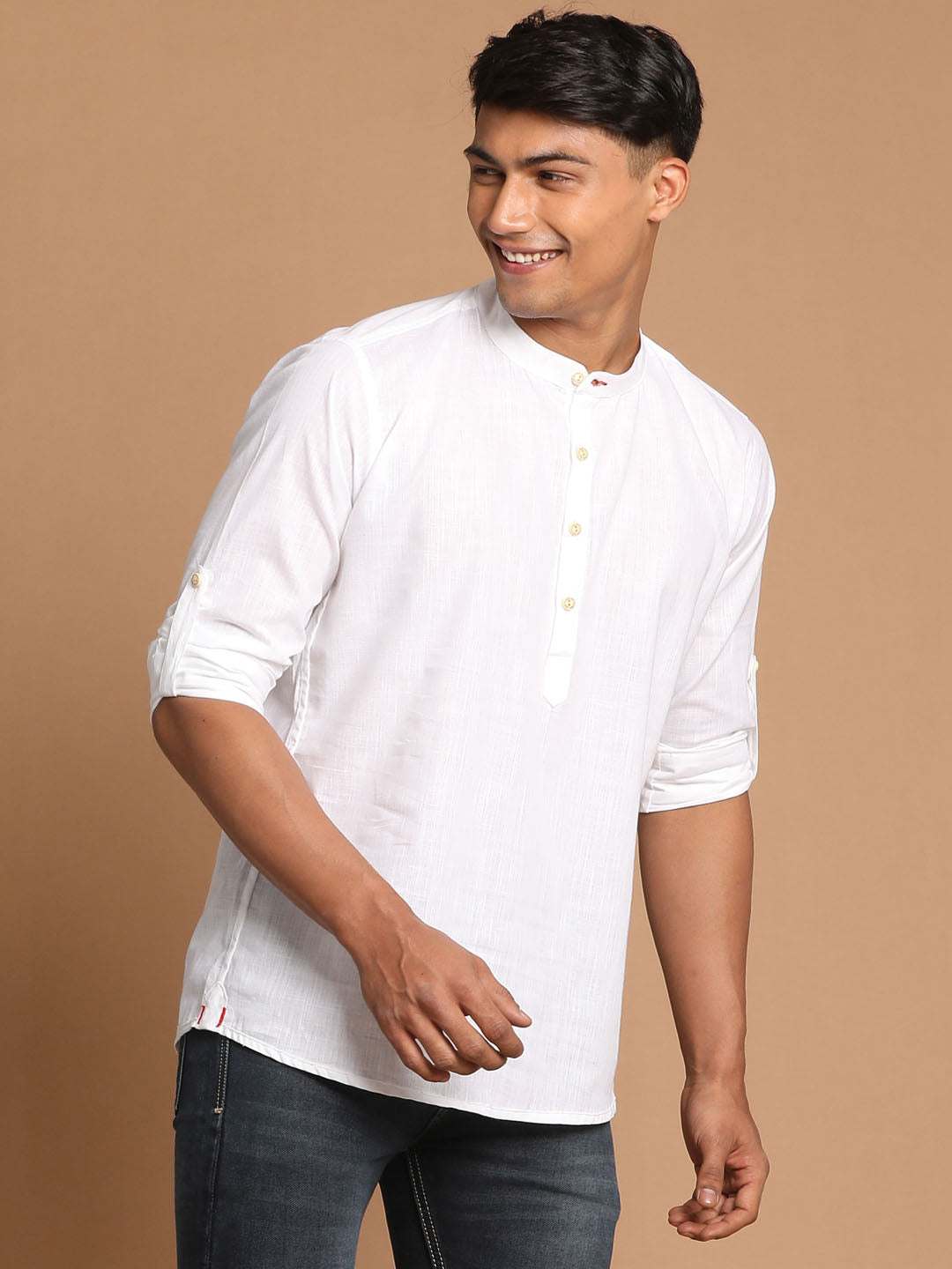Vastramay Men's White Cotton Blend Short Kurta - Distacart