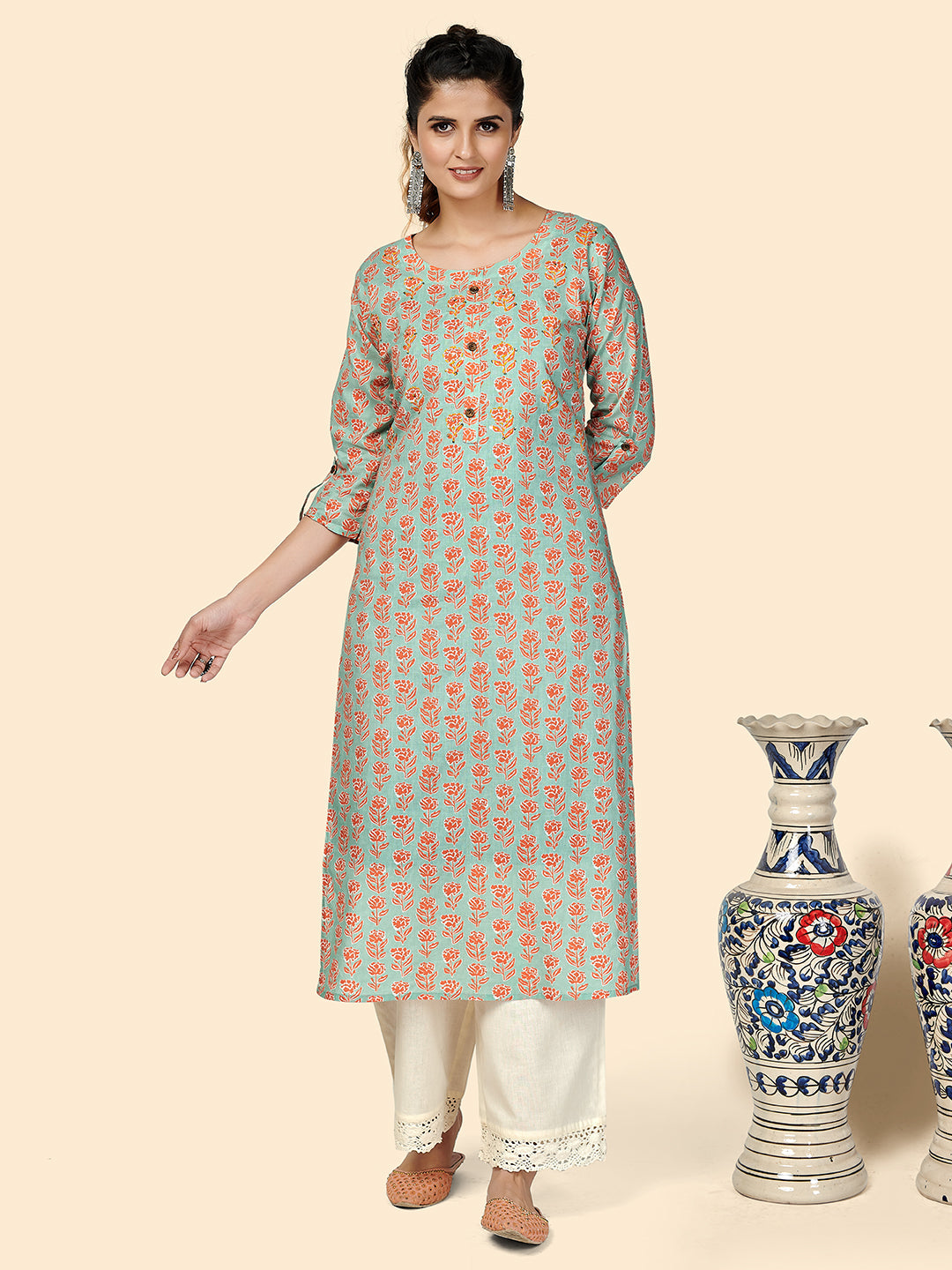NOZ2TOZ Women's Printed Straight Cotton See Green Stitched Kurta - Distacart