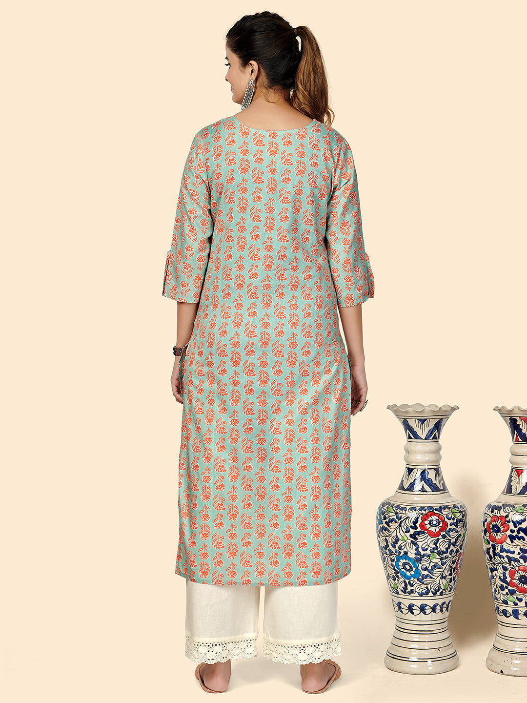 NOZ2TOZ Women's Printed Straight Cotton See Green Stitched Kurta - Distacart