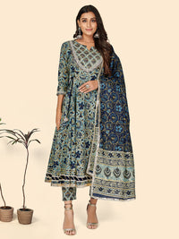Thumbnail for NOZ2TOZ Women's Print & Sequience Anarkali Cotton Blue Stitched Kurta Pant With Dupatta - Distacart
