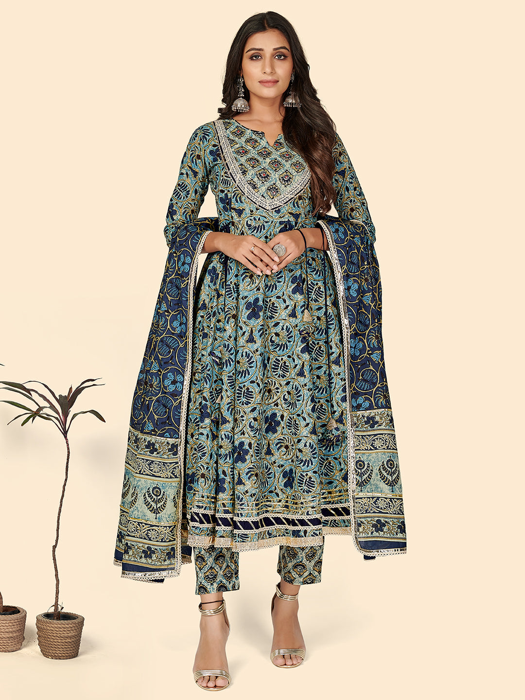 NOZ2TOZ Women's Print & Sequience Anarkali Cotton Blue Stitched Kurta Pant With Dupatta - Distacart