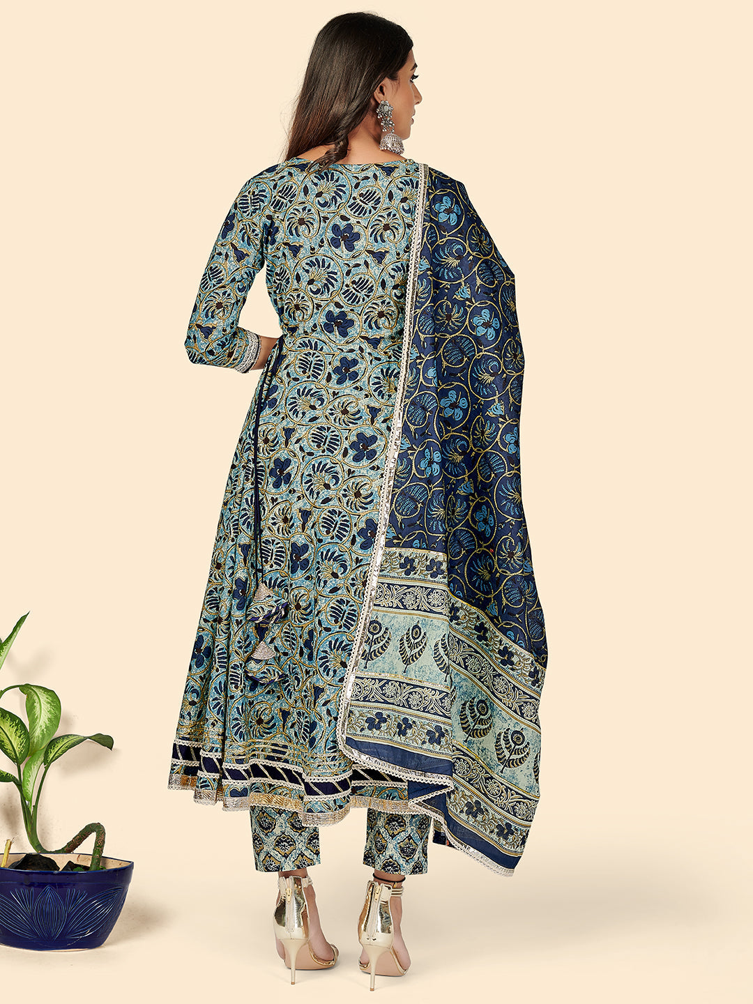 NOZ2TOZ Women's Print & Sequience Anarkali Cotton Blue Stitched Kurta Pant With Dupatta - Distacart