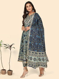 Thumbnail for NOZ2TOZ Women's Print & Sequience Anarkali Cotton Blue Stitched Kurta Pant With Dupatta - Distacart
