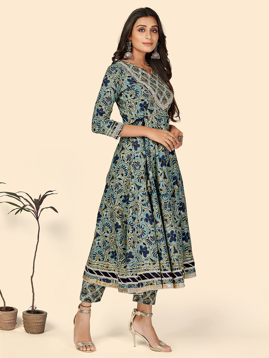 NOZ2TOZ Women's Print & Sequience Anarkali Cotton Blue Stitched Kurta Pant With Dupatta - Distacart
