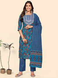 Thumbnail for NOZ2TOZ Women's Print & Gota Patti Straight Cotton Blue Stitched Kurta Pant With Dupatta - Distacart