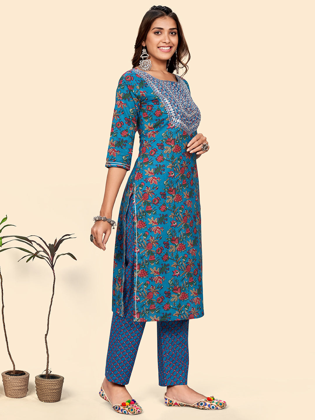 NOZ2TOZ Women's Print & Gota Patti Straight Cotton Blue Stitched Kurta Pant With Dupatta - Distacart