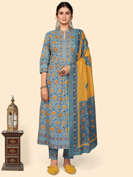 NOZ2TOZ Women Teal Blue Cotton Kurta With Pant & Dupatta (3pcs Set) - Distacart