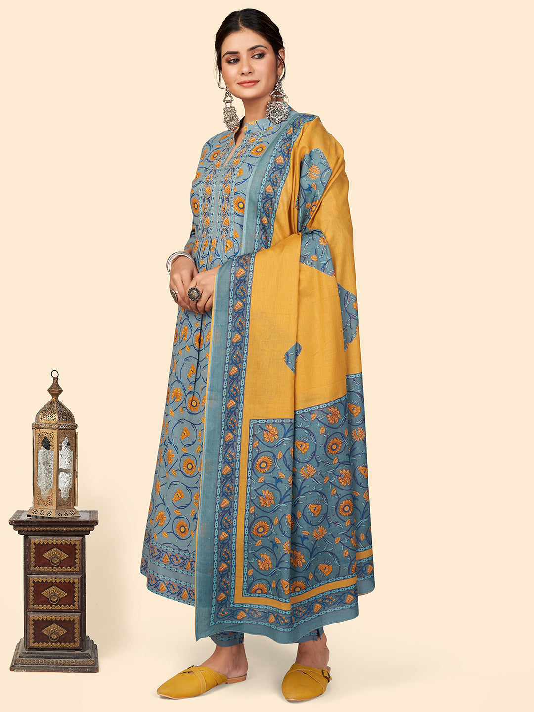 NOZ2TOZ Women Teal Blue Cotton Kurta With Pant & Dupatta (3pcs Set) - Distacart