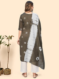 Thumbnail for NOZ2TOZ Women's Batik Print & Mirror Straight Chanderi Grey Stitched Kurta With Dupatta - Distacart