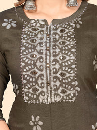 Thumbnail for NOZ2TOZ Women's Batik Print & Mirror Straight Chanderi Grey Stitched Kurta With Dupatta - Distacart