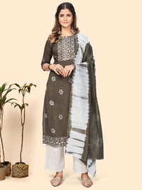 Thumbnail for NOZ2TOZ Women's Batik Print & Mirror Straight Chanderi Grey Stitched Kurta With Dupatta - Distacart