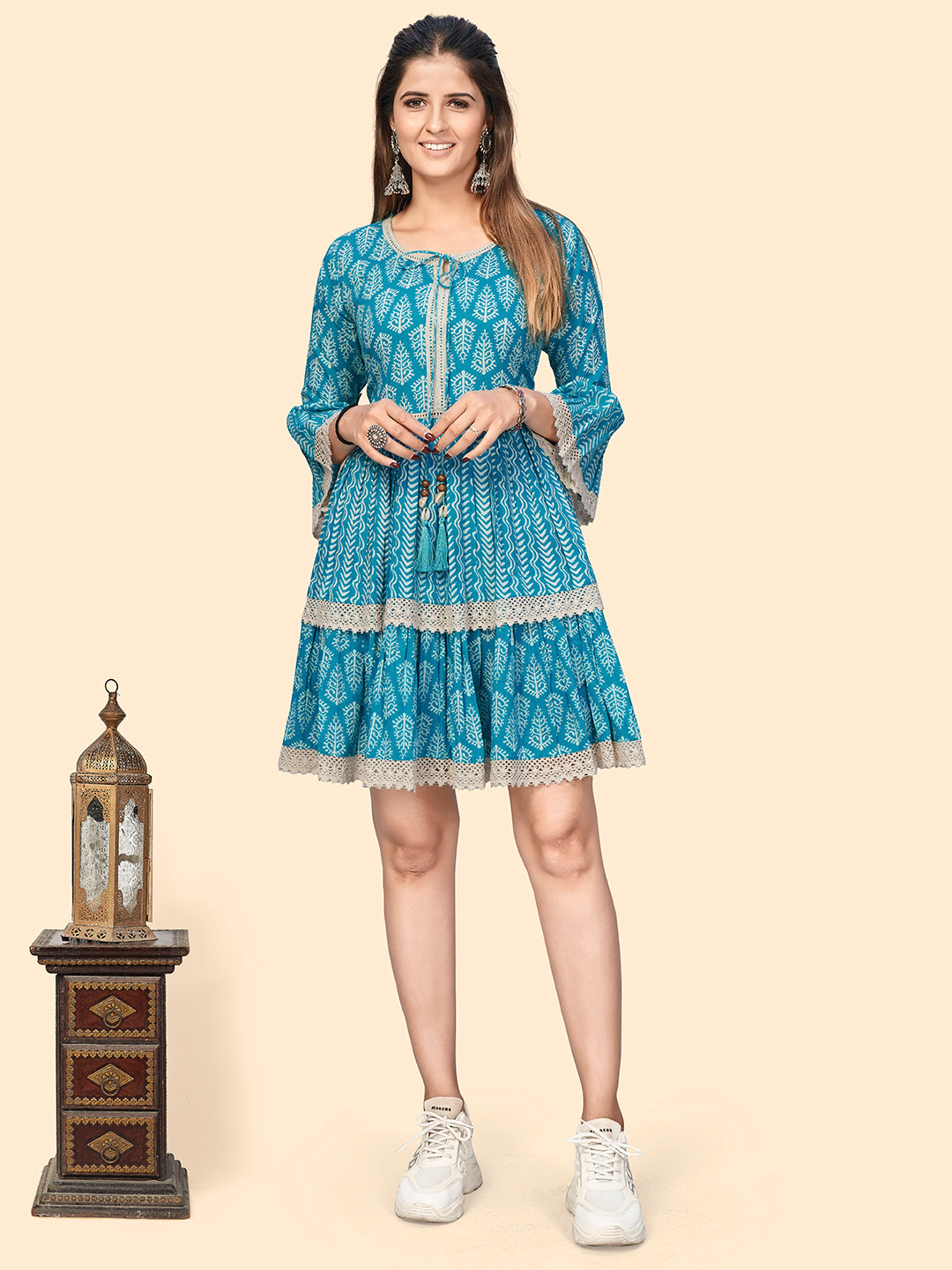 NOZ2TOZ Women's Printed & Lace Border A-Line Cotton Sky Blue Stitched Dress - Distacart