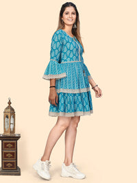 Thumbnail for NOZ2TOZ Women's Printed & Lace Border A-Line Cotton Sky Blue Stitched Dress - Distacart