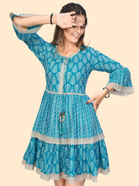 Thumbnail for NOZ2TOZ Women's Printed & Lace Border A-Line Cotton Sky Blue Stitched Dress - Distacart