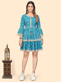 Thumbnail for NOZ2TOZ Women's Printed & Lace Border A-Line Cotton Sky Blue Stitched Dress - Distacart