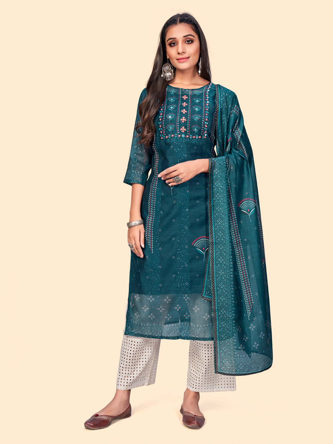NOZ2TOZ Women's Sequience & Embroidered Straight Chanderi Teal Blue Stitched Kurta With Dupatta - Distacart