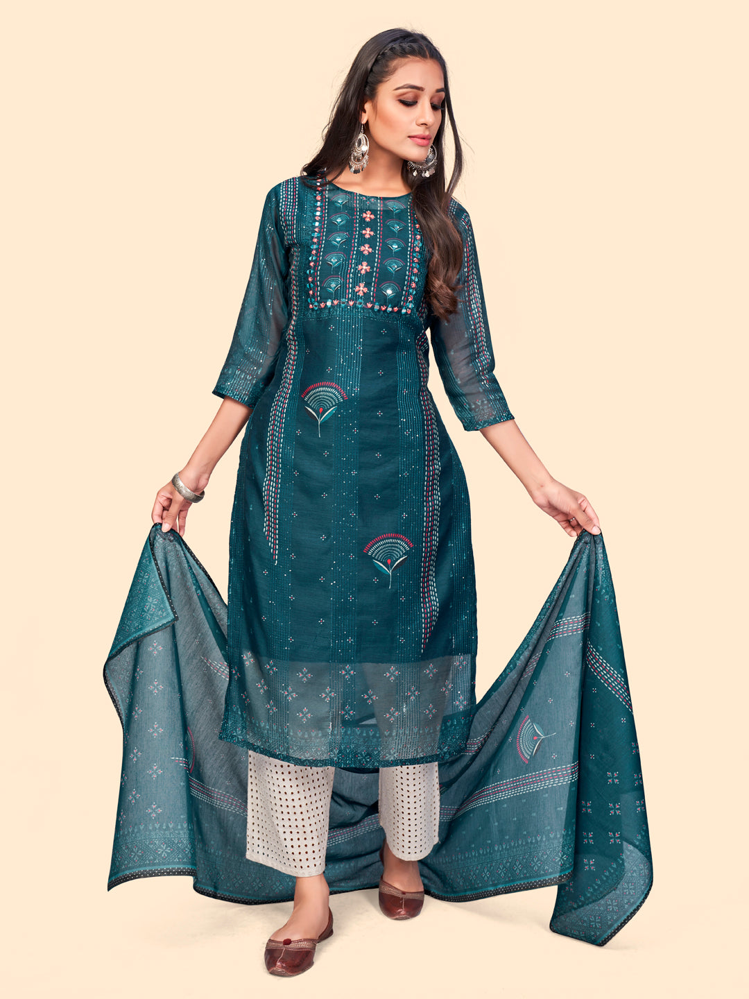 NOZ2TOZ Women's Sequience & Embroidered Straight Chanderi Teal Blue Stitched Kurta With Dupatta - Distacart