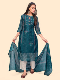Thumbnail for NOZ2TOZ Women's Sequience & Embroidered Straight Chanderi Teal Blue Stitched Kurta With Dupatta - Distacart
