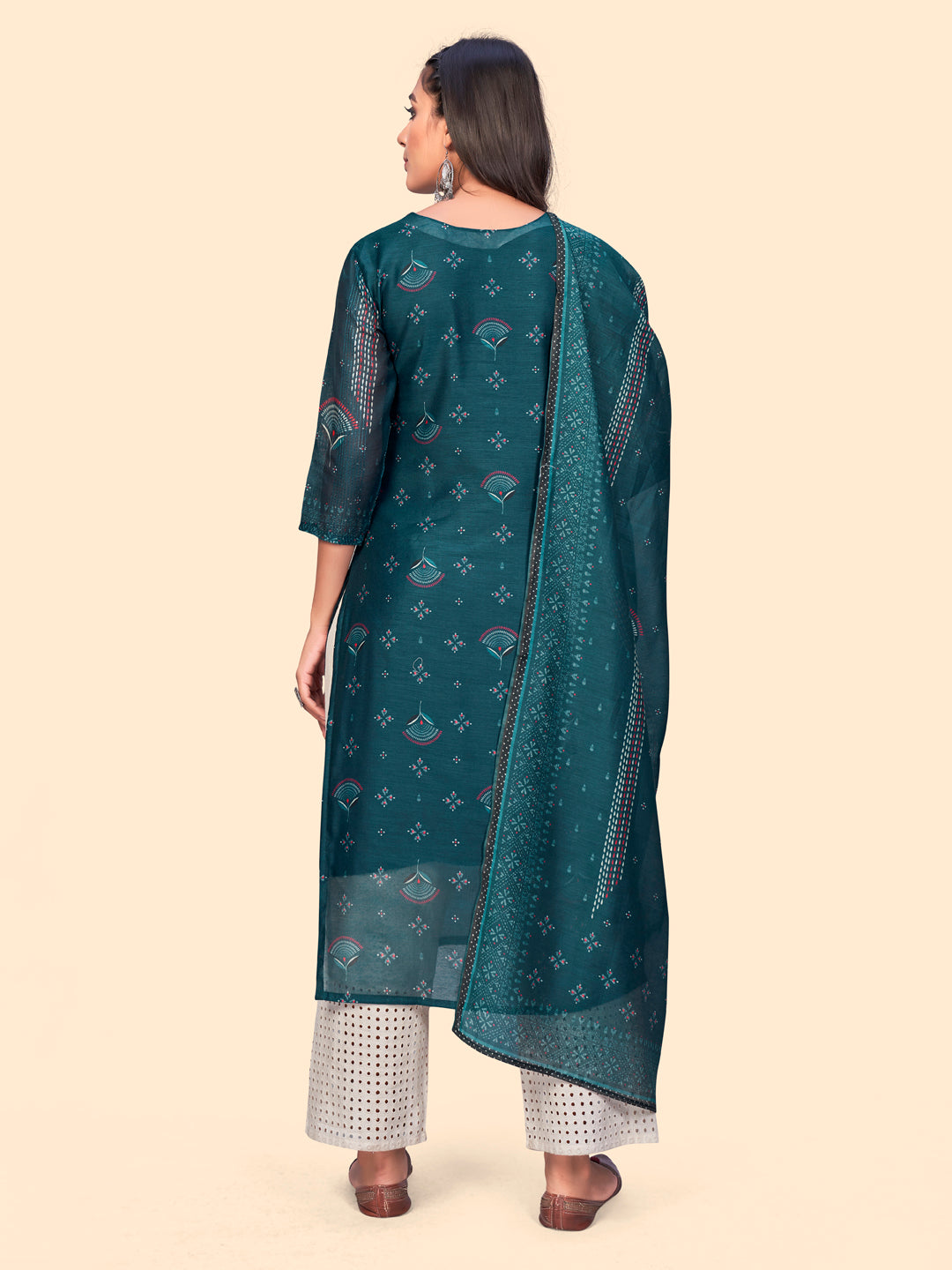 NOZ2TOZ Women's Sequience & Embroidered Straight Chanderi Teal Blue Stitched Kurta With Dupatta - Distacart