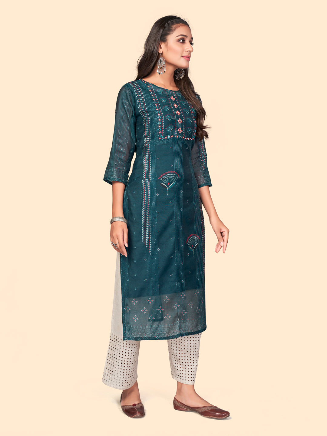 NOZ2TOZ Women's Sequience & Embroidered Straight Chanderi Teal Blue Stitched Kurta With Dupatta - Distacart