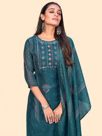 Thumbnail for NOZ2TOZ Women's Sequience & Embroidered Straight Chanderi Teal Blue Stitched Kurta With Dupatta - Distacart