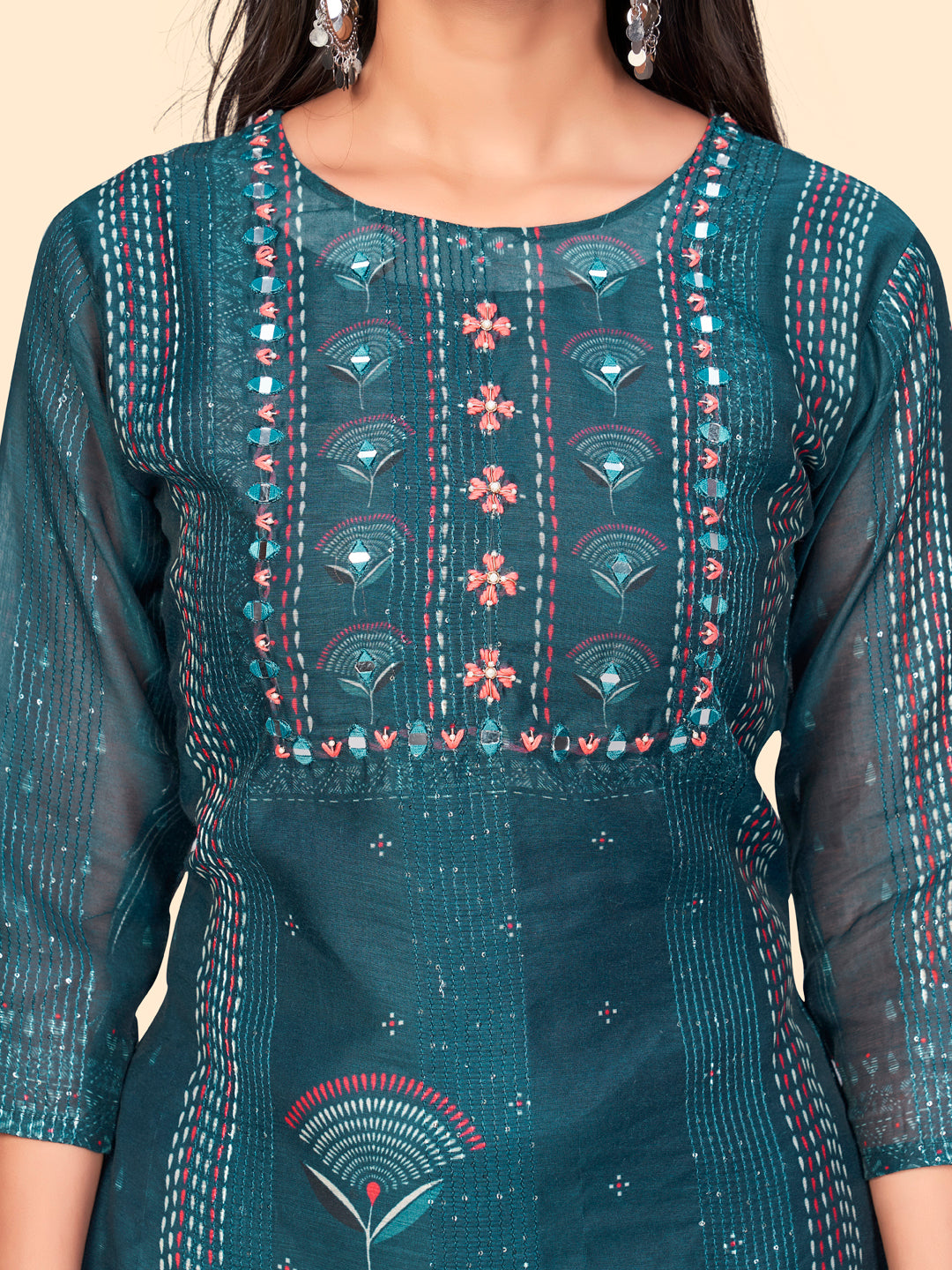 NOZ2TOZ Women's Sequience & Embroidered Straight Chanderi Teal Blue Stitched Kurta With Dupatta - Distacart