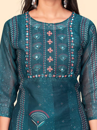 Thumbnail for NOZ2TOZ Women's Sequience & Embroidered Straight Chanderi Teal Blue Stitched Kurta With Dupatta - Distacart