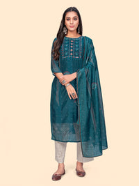Thumbnail for NOZ2TOZ Women's Sequience & Embroidered Straight Chanderi Teal Blue Stitched Kurta With Dupatta - Distacart
